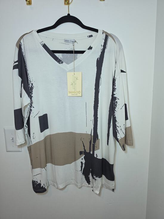 new moon Tops - Lemon Grass Bamboo Tee Lagenlook Oversized Tunic Abstract Small NWT